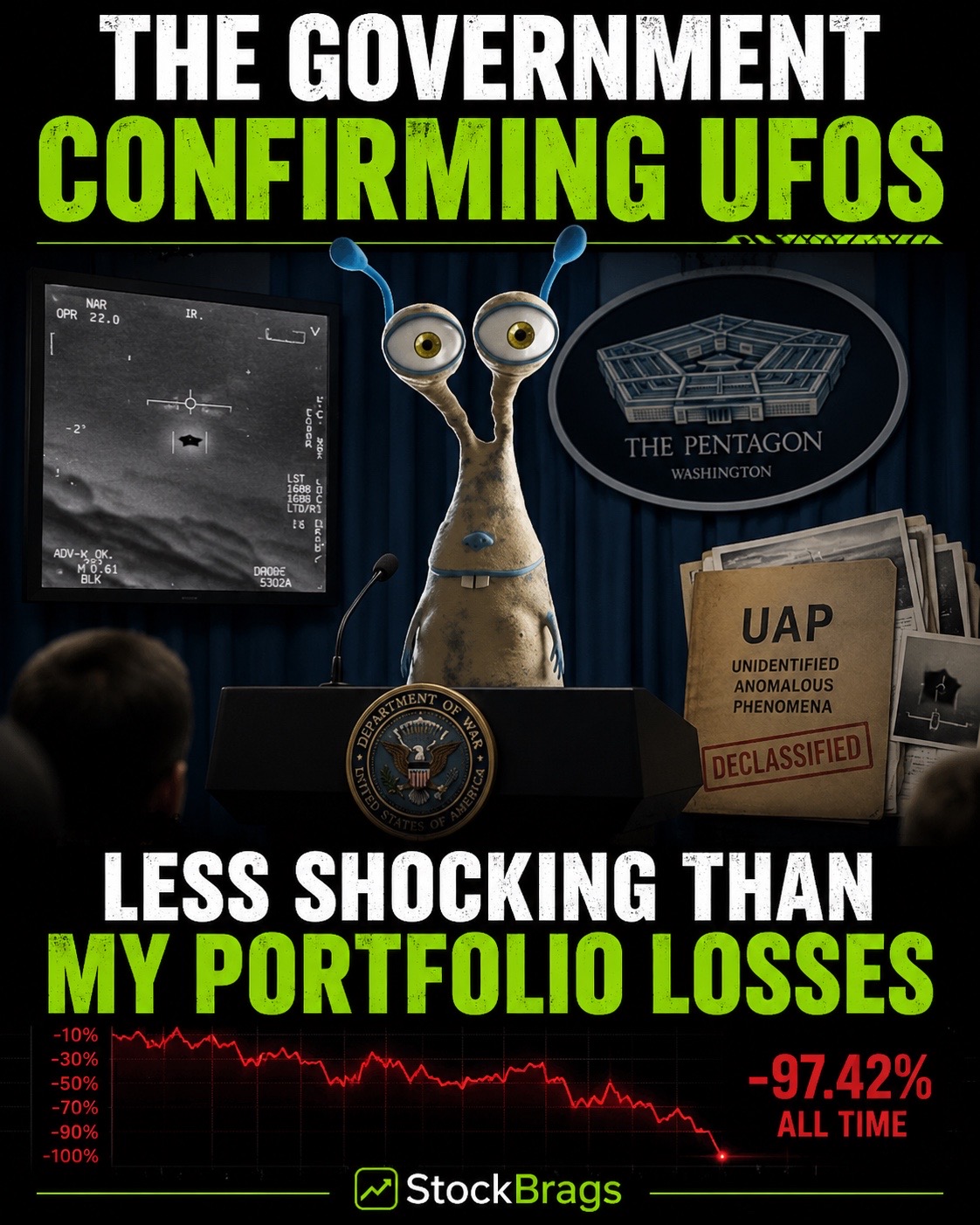 StockBrags UFO portfolio losses meme