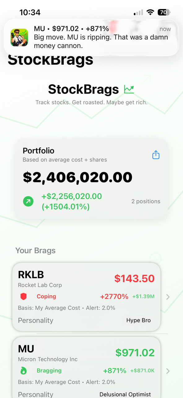 StockBrags MU portfolio alert screenshot