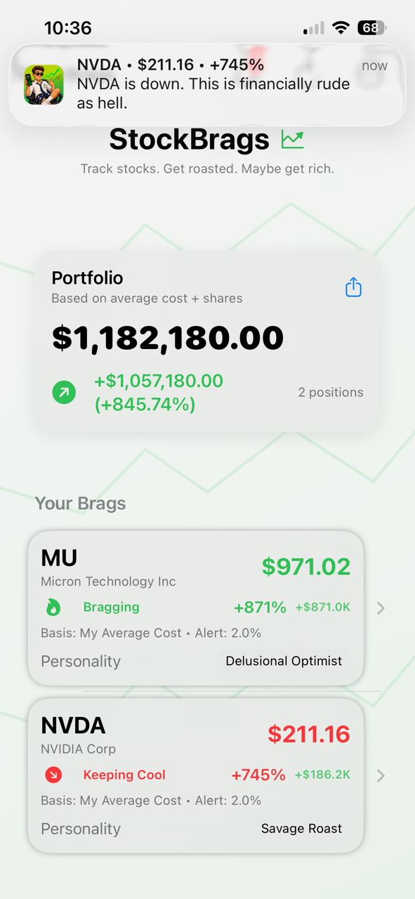 StockBrags NVDA roast alert screenshot